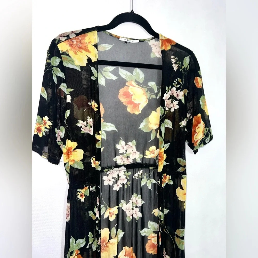 3rd + Malt black floral print sheer‎ duster cardigan cover-up with drawstring M